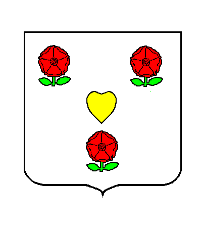 d'azur &agrave; trois roses de gueules au coeur d'or, feuill&eacute;es de sinople