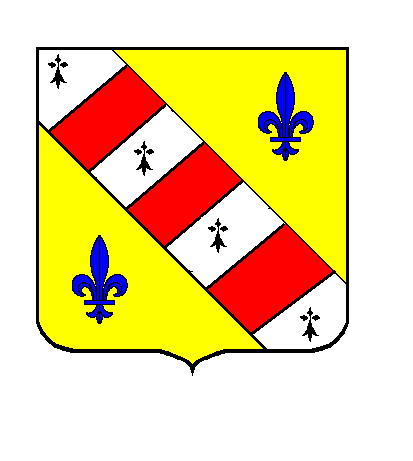 d'or &agrave; la bande compos&eacute;e d'argent et de gueules de sept pi&egrave;ces, les quatres coupons d'argent charg&eacute;s chacun d'une moucheture d'hermine de sable et accompagn&eacute;e de deux fleurs de lys d'azur pos&eacute;es l'une en chef et l'autre en pointe